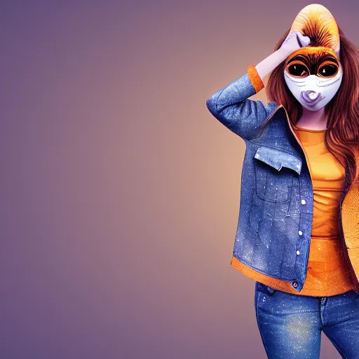 Prompt: woman with a egg mask wearing a flannel jacket and jeans, character design, digital art, stylised, 4 k