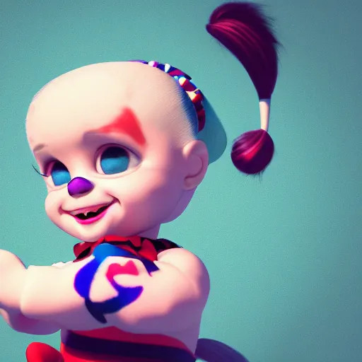 Image similar to baby harley quinn with pigtail in hair like pebbles flintstones playing with a magic wand, full body, big head, large smile, pixar style, happy, chill out 4 k trending on artstation