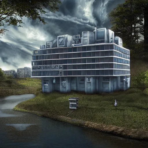 Prompt: cuboid sci-fi building next to a river and houses, sense of hope, daytime, digital art, art station, extremely detailed