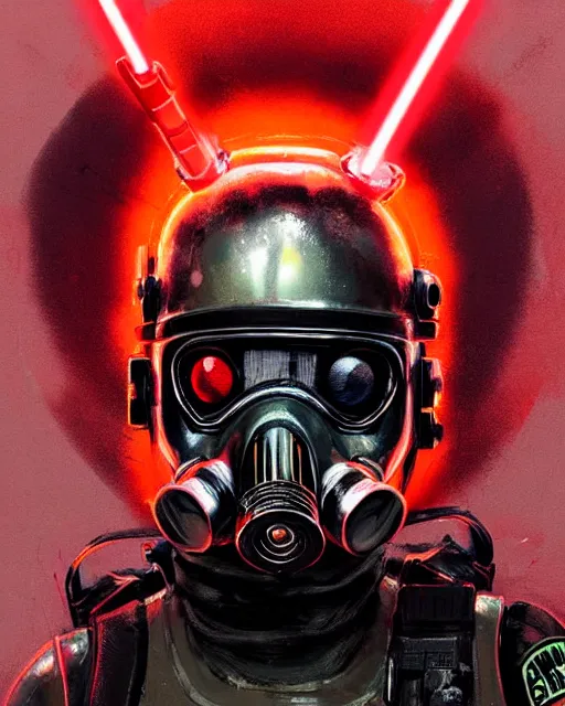 Image similar to detailed portrait neon female swat officer, cyberpunk futuristic, neon, gas mask, red lightsaber, reflective puffy coat, decorated with traditional japanese by ismail inceoglu dragan bibin hans thoma greg rutkowski alexandros pyromallis nekro rene margitte, fire & smoke, illustrated, perfect face, fine details, realistic shaded, fine - face, pretty face