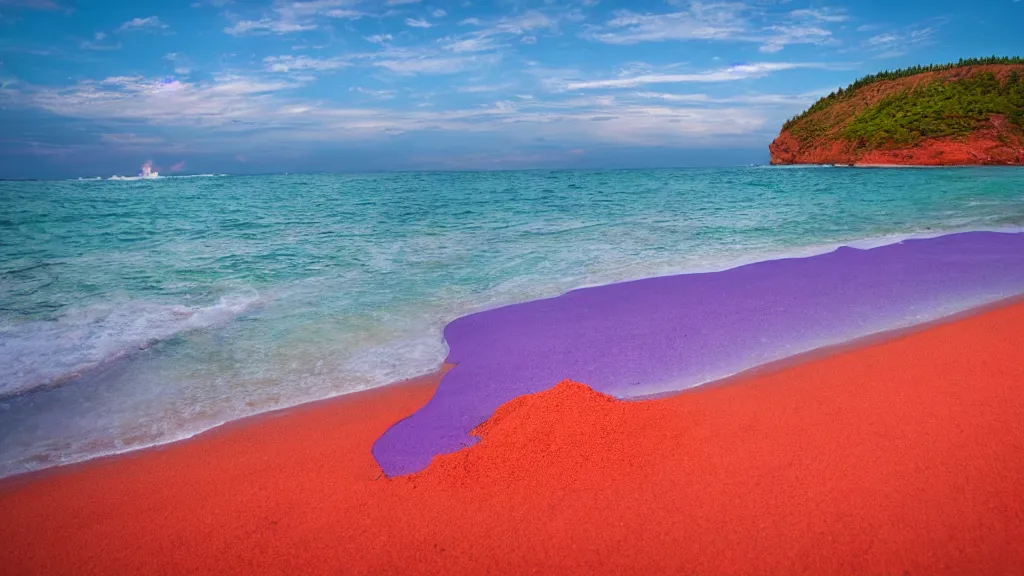 Image similar to purple refrigerator, red sand beach, green ocean, nebula sunset