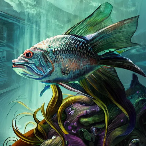 Image similar to A crazy looking fish swimming in Alcatraz, stunning digital art, high detail, in the style of artgerm, artstation, cgsociety, dramatic lighting, pixar