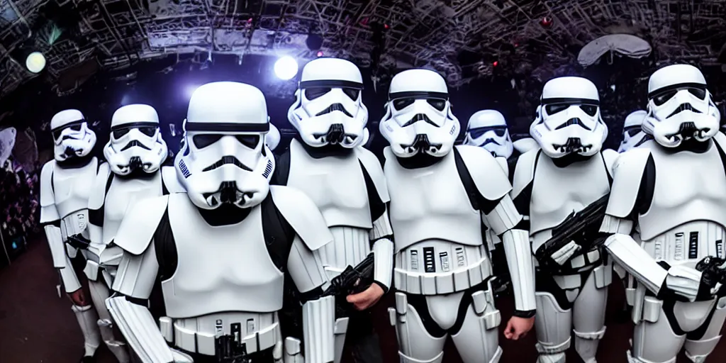 Prompt: stormtrooper DJ holding a kickass party, good music, dance trance EDM festival, 4k, wide angle shot, sony A3III camera shot, dancers in stormtrooper armor no helmet, on the beat, Imperial star destroyer dance floor, good drop, dancing ladies in stormtrooper armor, Live 3hr festival videoclip, 4k ultra HD