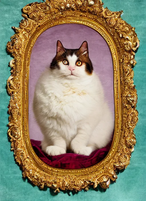 Image similar to a magnificent portrait of a cross - eyed cute fluffy fat cat on a precious embroidered velvet cushion on a neo - rococo gilded little bed with precious stones, ball of yarns all around, by pierre et gilles, photorealistic, canon r 3, photography, wide shot, symmetrical features, symmetrical pose, wide angle shot, standing pose, feet on the ground