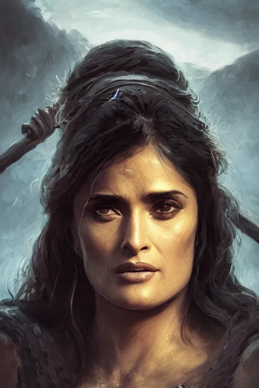 Image similar to portrait, Salma Hayek , barbarian , face portrait, raphael lacoste, eddie mendoza, alex ross, concept art, matte painting, highly detailed, rule of thirds, dynamic lighting, cinematic, detailed, denoised, centerd