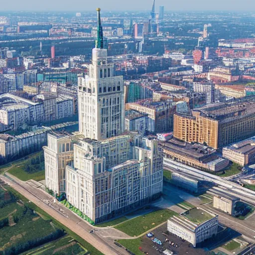 Image similar to moscow state university main building, aerial photography, highly detailed, 4 k, by greg rutkowski