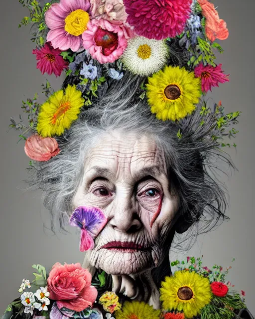 Image similar to a portrait of a beautiful fleshy old woman who is surprised she is still alive, covered in flowers in the style of guiseppe arcimboldo and james jean, covered in wispy gray hair with a hint of neon, hd 3 d, 8 k