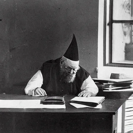 Prompt: a photograph photo of a rabbi bent over at his desk, dead and twisted by a curse