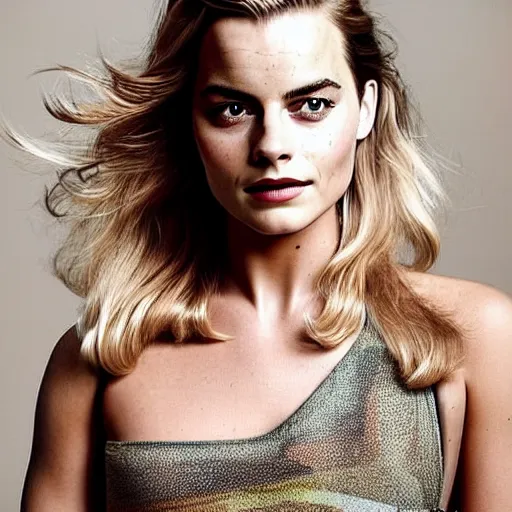 Prompt: a woman who is a genetic combination of margot robbie and emma watson face and upper - body focus, detailed eyes