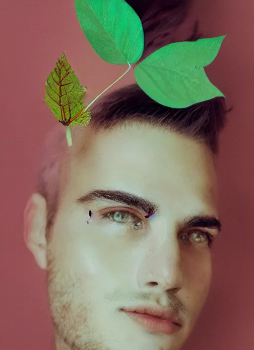 Prompt: a fashion portrait photograph of a man with a leaf on his face designed by stanley kubric, pastel colors, 3 5 mm, color film camera, studio lighting, pentax