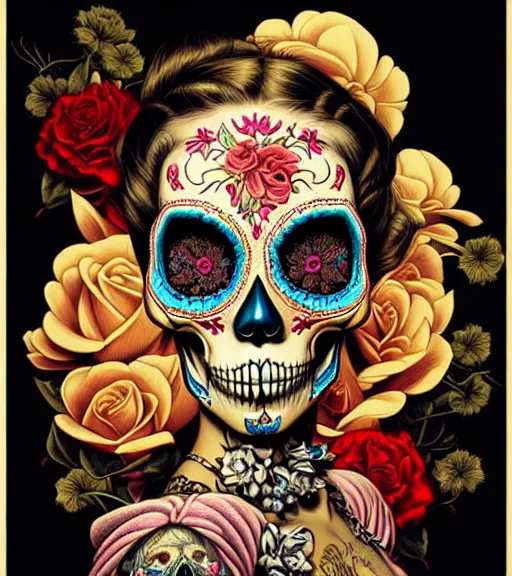 Prompt: a beautiful fancy skull lady by dan mumford and gil elvgren, sugar skull, hyperrealism, intricate details, exceptional, fool, high contrast