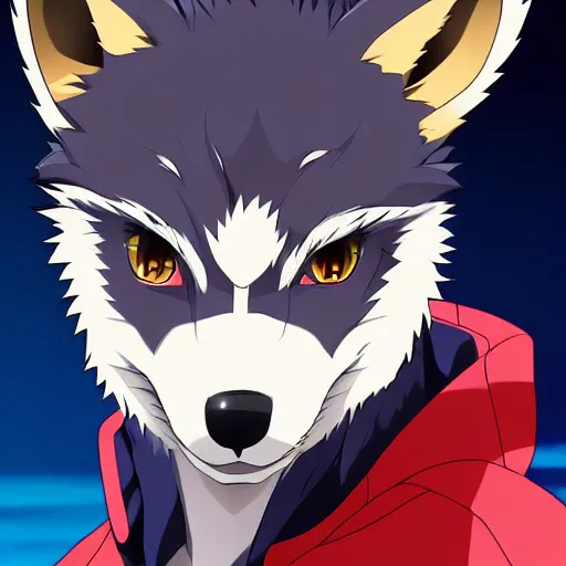 Image similar to key anime visual portrait of an anthropomorphic anthro wolf fursona, in a jacket, with handsome eyes, official modern anime art