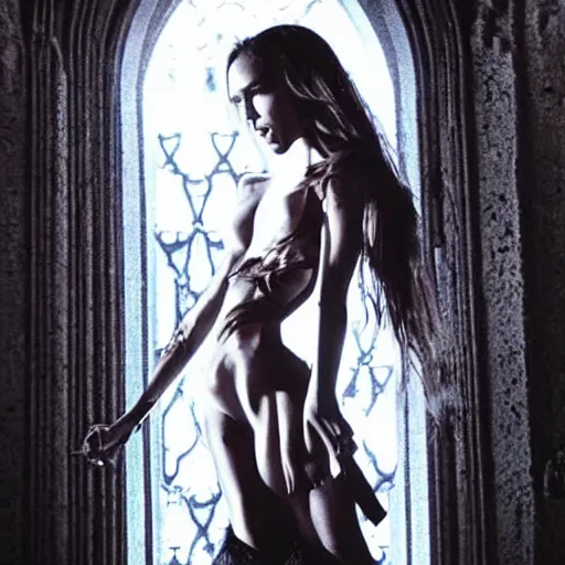 Prompt: jessica alba as a succubus in a gloomy gothic cathedral at night