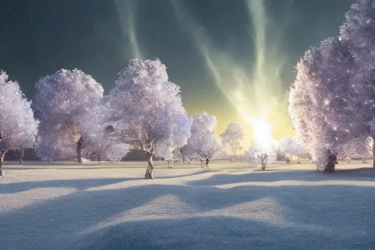 Image similar to a glowing tree made of light on a snow covered field, landscape inspired by salvador dali, a matte painting by li shida, cgsociety, context art, redshift, matte painting, reimagined by industrial light and magic
