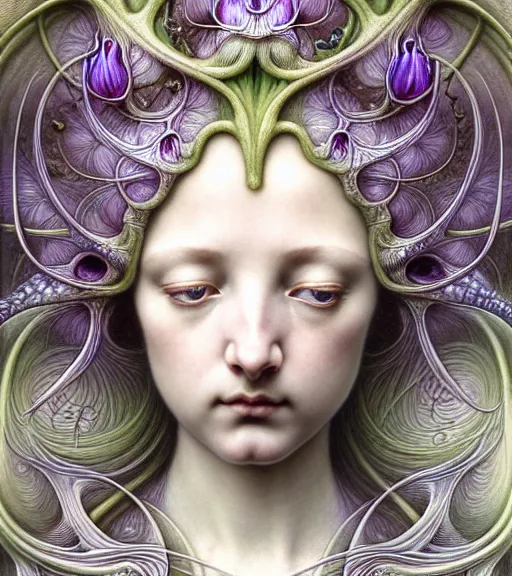 Image similar to beautiful young orchid fairy detailed realistic porcelain face portrait by jean delville, gustave dore, iris van herpen and marco mazzoni, art forms of nature by ernst haeckel, art nouveau, symbolist, visionary, gothic, neo - gothic, pre - raphaelite, fractal lace, intricate alien botanical biodiversity, surreality, hyperdetailed ultrasharp octane render