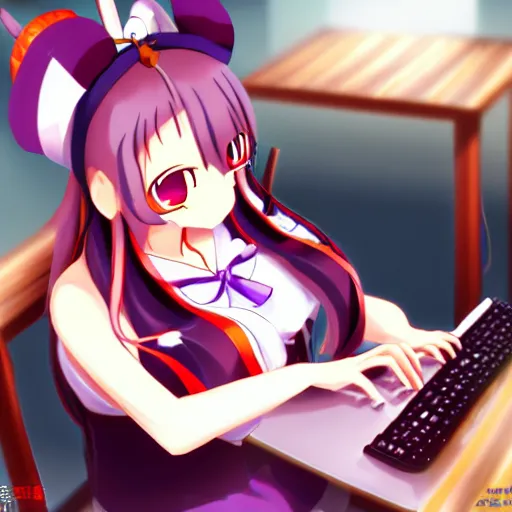 Image similar to suika ibuki from touhou project drinking beer and sitting at a computer, anime art, touhou project, suika, imageboard, personal computer, amazing composition