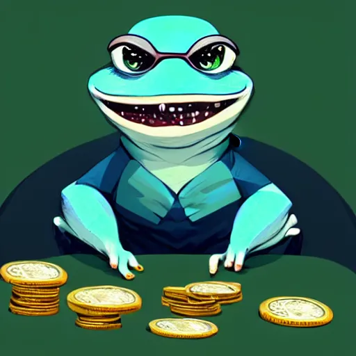 Image similar to super rich happy pepe, luxury, treasury, coins, money, hyper detalied, blue crystals, greg rutkowski, artstation