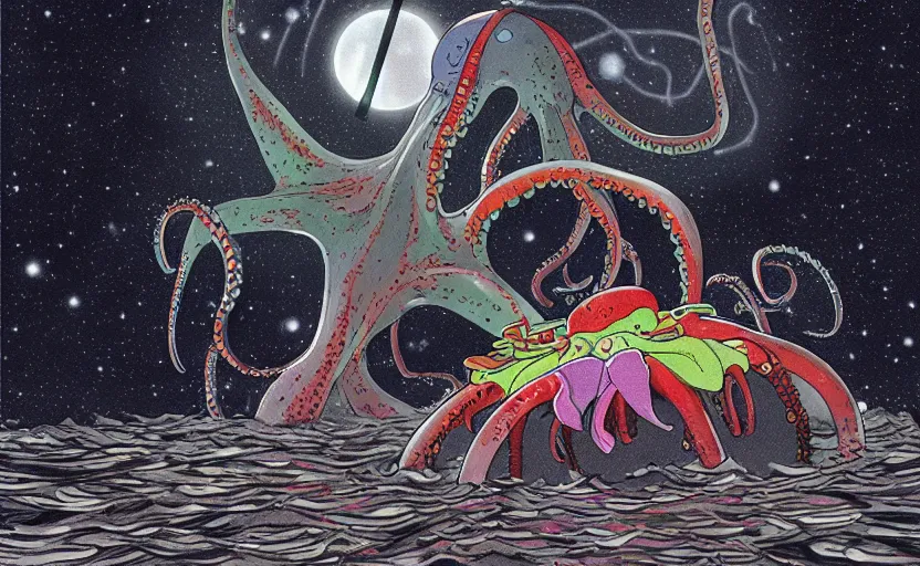 Image similar to a realistic cell - shaded studio ghibli concept art from paprika ( 2 0 0 6 ) of a flying multi - colored octopus from close encounters of the third kind ( 1 9 7 7 ) and a grey long - haired witch in a flooded stonehenge on a misty starry night. very dull colors, wide shot, hd, 4 k, hq