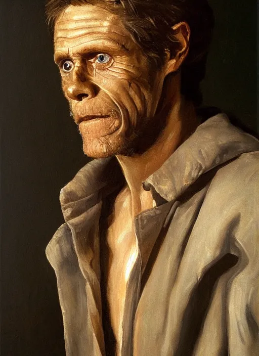 Prompt: portrait painting of willem dafoe with stubble, renaissance oil painting, chiaroscuro