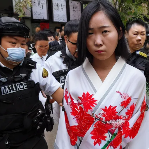 Prompt: a young woman wearing a white kimono decorated with images of red flowers and green leaves in the evening, detained by police
