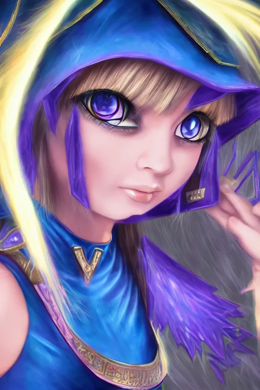 Prompt: dark magician girl from Yu-Gi-Oh, mystical, ultra detailed, digital art, 8k ,character ,realistic, portrait, hyperrealistic