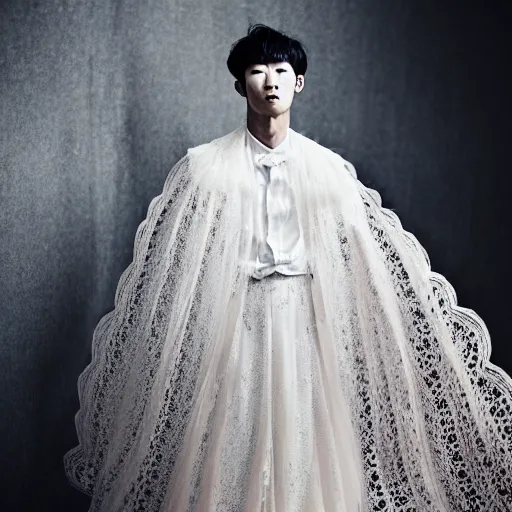 Prompt: a portrait of a beautiful young korean male wearing a translucid lace wedding gown designed by alexander mcqueen, photographed by andrew thomas huang for a fashion editorial