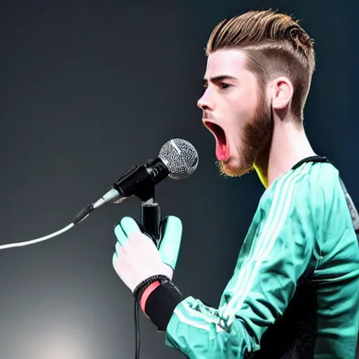 Image similar to david de gea singing pop with a microphone, indoor