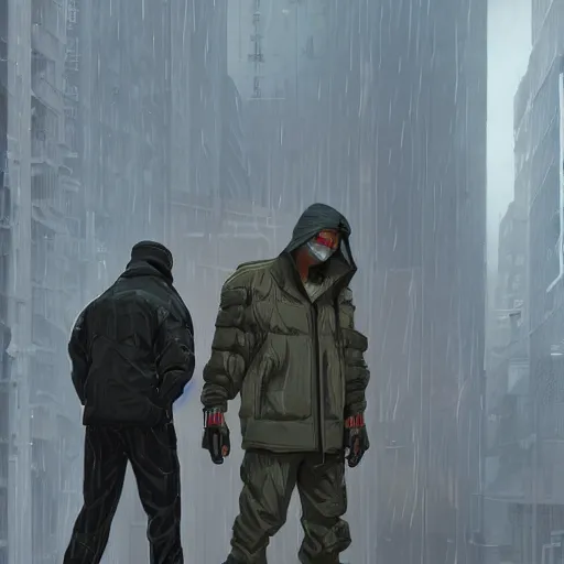 Image similar to A broad shouldered, muscular man wearing Acronym p-31 Ds pants and beige-earth Parka jacket and Nike Acronym presto sneakers, AWP sniper rifle slinging on back trending on r/techwearclothing, high quality, digital art, dirty cyberpunk city, rain, greg rutkowski