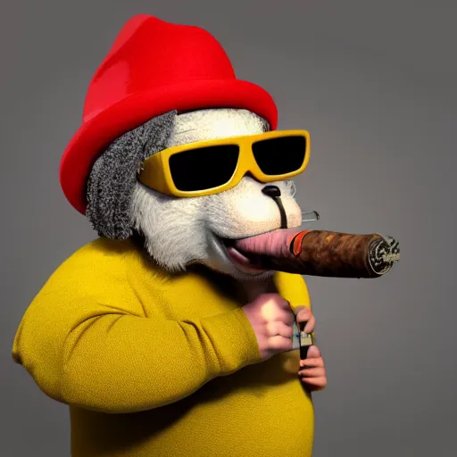 Prompt: chubby anthropomorphic rat smoking an enormous cigar, wearing sunglasses and a rasta hat, long fur, anthropomorphic, blender, 3d render, 4k