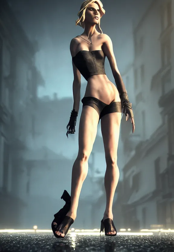 Image similar to beautiful model annie leonhart posing with open toe heels in dunwall city, beautiful face, detailed face, cinematic lighting, rainy weather, melancholy atmosphere, volumetric light, octane render, dishonored 1, gothic architecture, realistic reflections, octane render 8 k, model agency, playboy cover shot