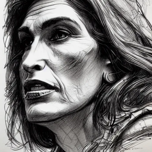 Prompt: a realistic yet scraggly portrait sketch of the side profile of cindy crawford, trending on artstation, intricate details, in the style of frank auerbach, in the style of sergio aragones, in the style of martin ansin, in the style of david aja, in the style of mattias adolfsson