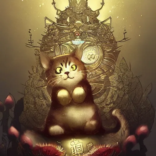 Image similar to A cute maneki neko, flowers around, D&D, fantasy, intricate, cinematic lighting, highly detailed, digital painting, artstation, concept art, smooth, sharp focus, illustration, art by Akihiko Yoshida, Greg Rutkowski and Alphonse Mucha