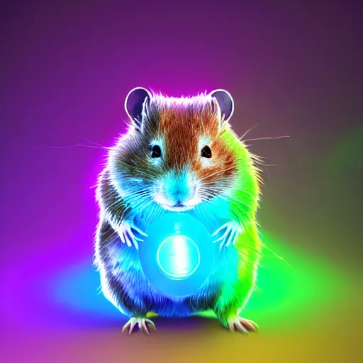 Image similar to cyberpunk hamster! holding rainbow! gem! crystal, neon lights, light reflection, logo, 8 k, hd