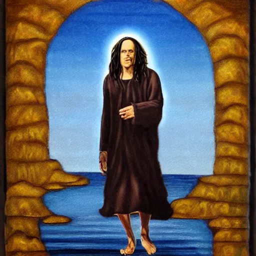 Image similar to tommy wiseau walking on water with jesus, biblical, oil painting, sunny, beautiful