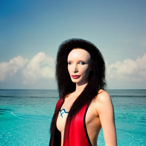 Image similar to a portrait of an sttng star trek klingon on holiday at risa, swimsuit, supermodel, model, star trek, photography, instagram, holiday, beach, high quality, sharp, cait miers, michael hoppen, qapla