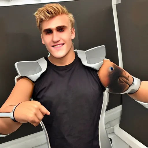 Image similar to a realistic detailed photo of boxer & youtuber jake paul as a humanoid robot, blank stare, shiny skin