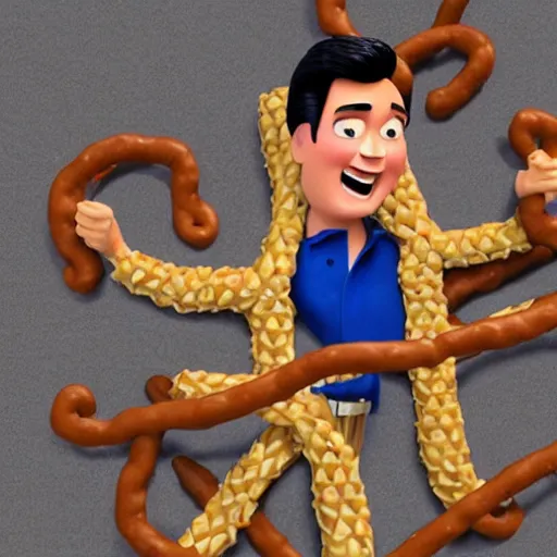 Prompt: elvis presley with legs made from pretzels!!!!, pixar character, stage background, pixar, 3 d,