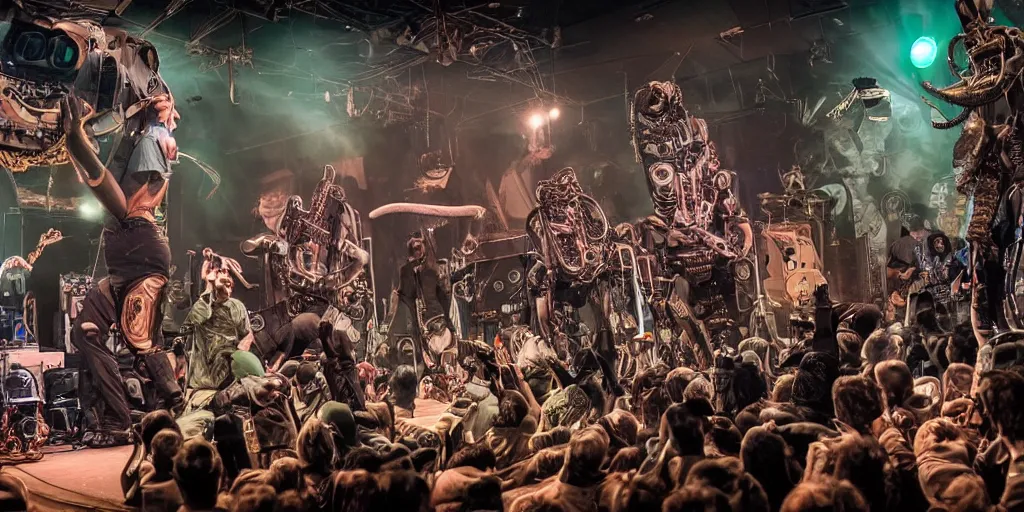 Prompt: a crowd of elephants and lizards robots playing steampunk futuristic instruments in a grindcore show