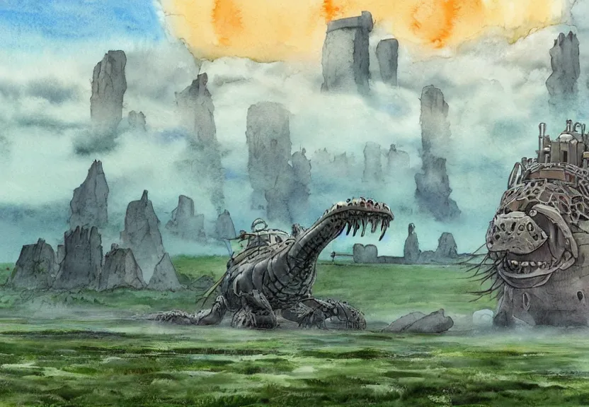 Image similar to a hyperrealist watercolor concept art from a studio ghibli film showing a giant grey mechanized crocodile from howl's moving castle ( 2 0 0 4 ). stonehenge is under construction in the background, in the rainforest on a misty and starry night. by studio ghibli