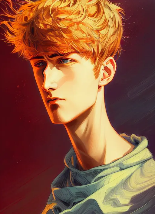 Image similar to handsome genos, half body shot, path traced, highly detailed, high quality, digital painting, alena aenami, lilia alvarado, shinji aramaki, karol bak, alphonse mucha, tom bagshaw