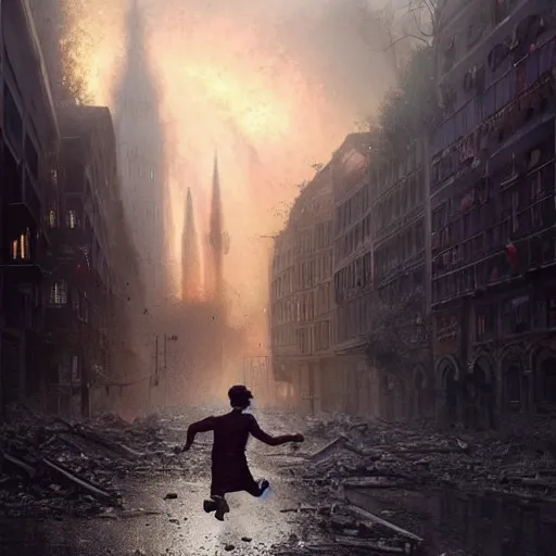 Image similar to a close view of a jewish rabi running away!!!, city of munich destroyed by a meteor!!!, rubble!!, fires!! hyperrealistic, highly detailed, cinematic, foggy light from fires, beautiful, cgssociety, artstation, 8 k, oil painting by greg rutkowski, by artgerm, by wlop