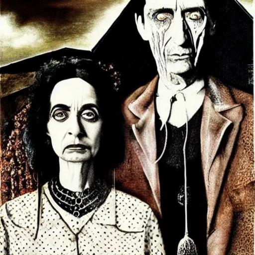 Prompt: alice cooper and salvador dali in in the style of american gothic