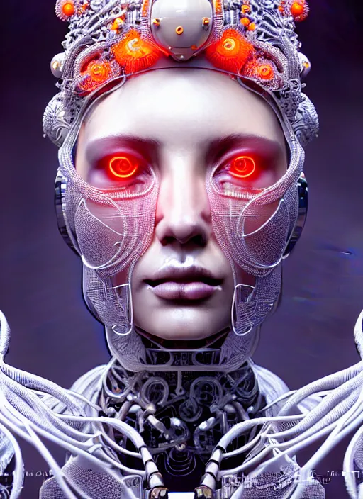 Image similar to portrait of an absurdly beautiful, graceful, sophisticated, fashionable cyberpunk mechanoid, hyperdetailed illustration by irakli nadar and alexandre ferra, intricate linework, white porcelain skin, faberge, coral headdress, unreal engine 5 highly rendered, global illumination, radiant light, detailed and intricate environment