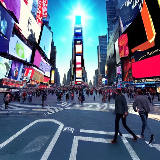 Prompt: demogorgon walking peacefully in times square in the middle of crowdm dawn sunny day, lens flare, hyper realistic, intrincate, 16k, unreal render engine