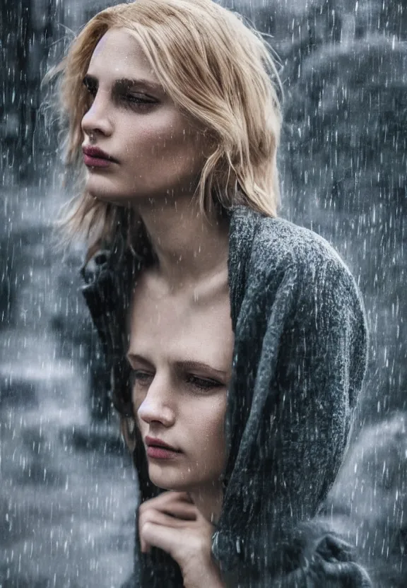 Image similar to cute model annie leonhart posing in dunwall city, beautiful face, detailed face, realistic eyes, cinematic lighting, rainy weather, melancholy atmosphere, volumetric light, gothic architecture, realistic reflections, model agency, instagram photo, depression atmosphere, shot on sony a 7 iii, beauty filter, postprocessing