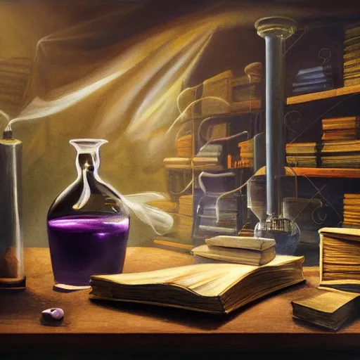 Prompt: a detailed painting of a dark purple highly poisonous potion, lit by a single ray of sunlight, on a table full of books in a dusty vintage science lab, hyperrealistic fantasy art, concept matte, ethereal, dreamy, digital art, trending on arstation, volumetric cinematic lighting