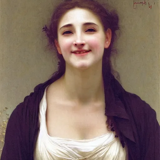 Image similar to woman so happy, her face hurts, by bouguereau