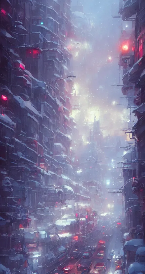 Prompt: Traffic in a snowy city, bright, pretty, by Studio Ghibli and Greg Rutkowski, artstation