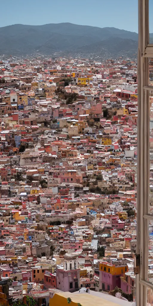 Prompt: window in foreground, guanajuato city in background, by wes anderson