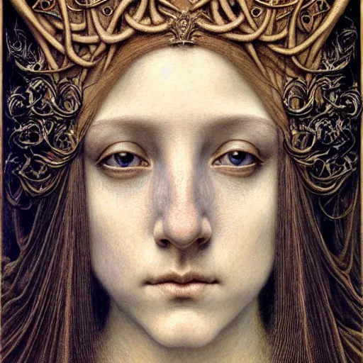 Image similar to detailed realistic beautiful young medieval queen face portrait by jean delville, gustave dore, iris van herpen and marco mazzoni, art nouveau, symbolist, visionary, gothic, pre - raphaelite, horizontal symmetry